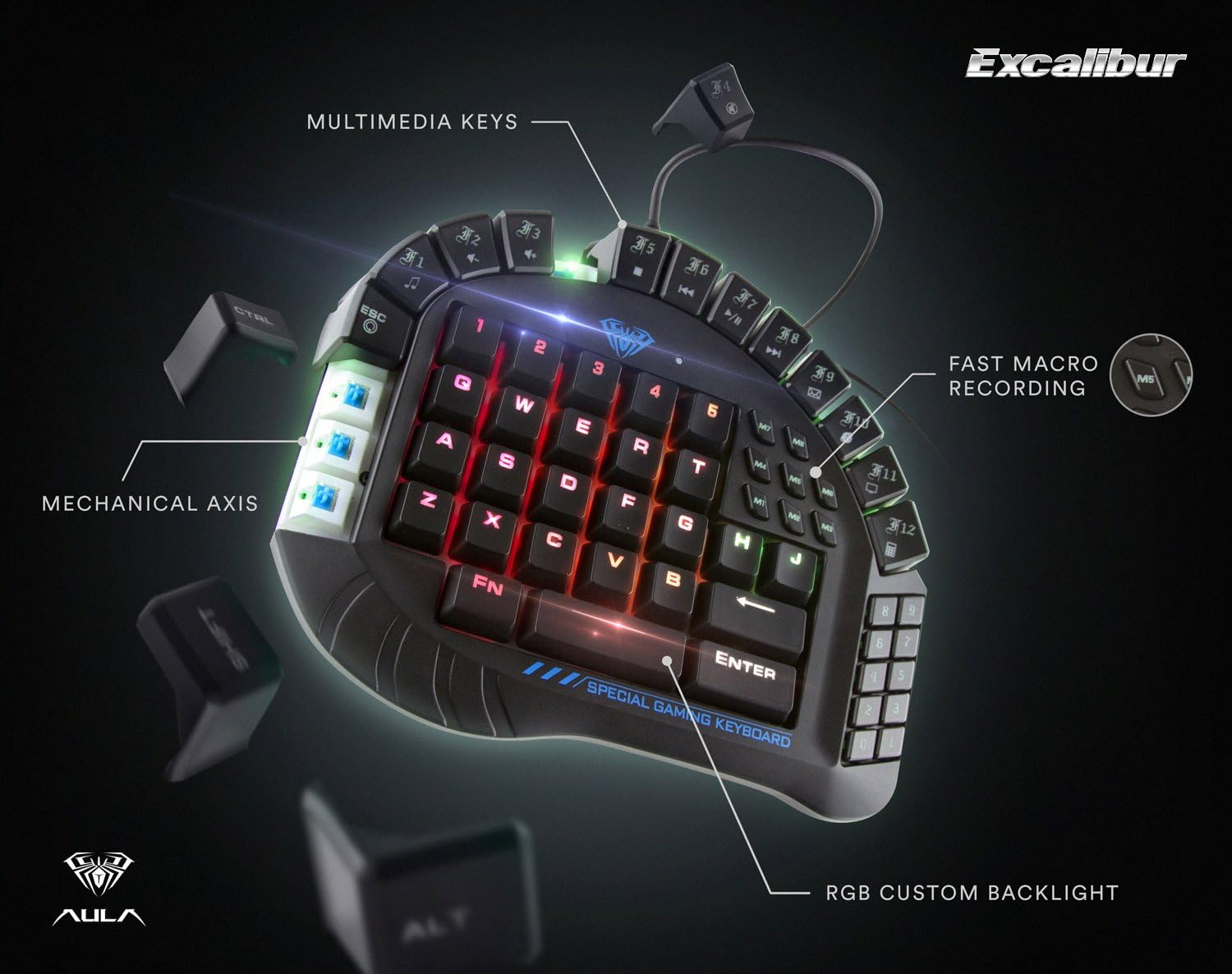 Beastron Aula Excalibur One Handed Mechanical Gaming Keyboard, Blue Switches, Software Customizable RGB Backlit Effects, 8 Programmable Macro Keys, and Removable Wrist Rest