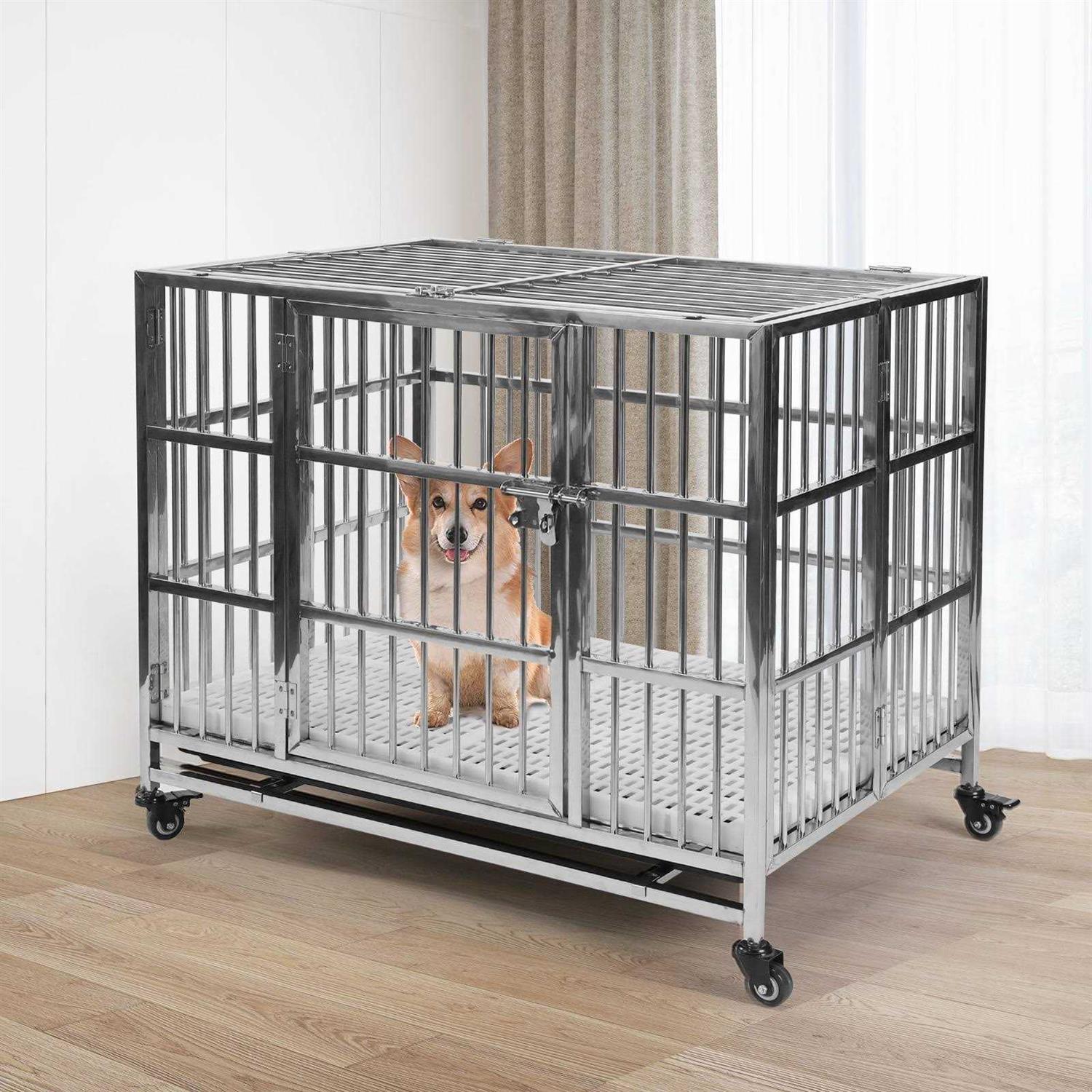 RYPetmia 38 Heavy Duty Stainless Steel Dog Cage Kennel Crate and Playpen for Training Large Dog Indoor Outdoor with Double Doors &amp; Locks Design - Pet Supplies online store