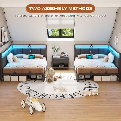 DICTAC Corner Full Bed Frame with 2 Storage Drawers and Charging Station Full Size Platform Bed Frame with Led Lights and Upholstered Guardrail Daybed for Living Room, Bedroom and Guest Room, Gray