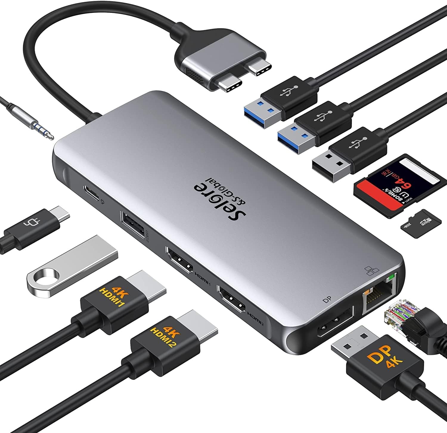 MacBook Pro Docking Station Dual Monitor MacBook Pro HDMI Adapter,12 in 1 USB C MacBook Pro Adapter to Dual HDMI ,Displayport+Ethernet+2USB 2.0+2USB 3.0 SD/TF Card Reader 100W PD 3.5mm Audio/Mir