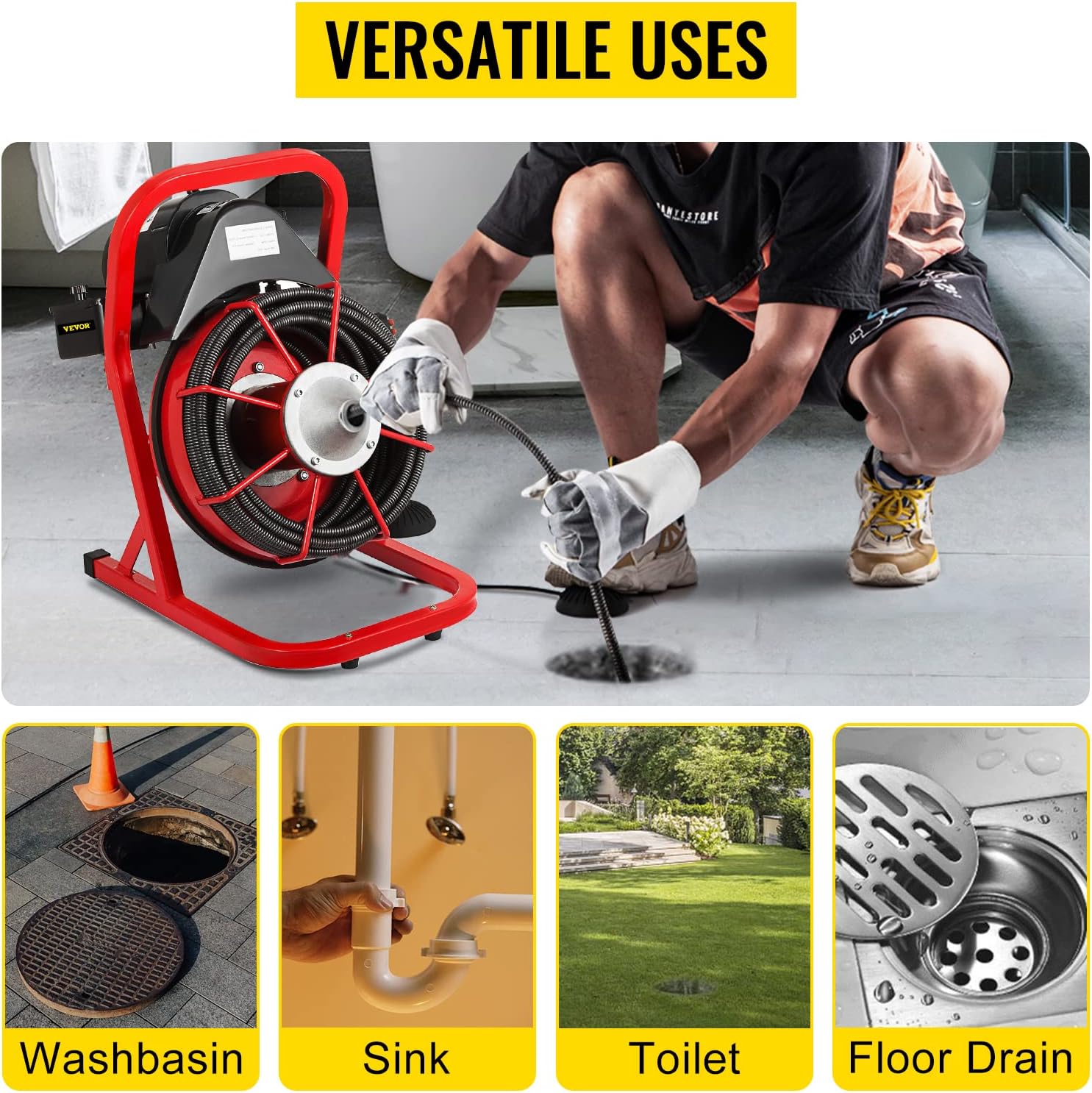 VEVOR 50 Ft x 3/8 Inch Machine Fits 1 to 4 Inch Pipes Portable Drain Cleaner with 8 Auger Bits, Red + Black