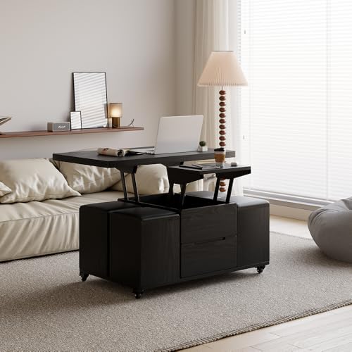 homary Black Lift-Top Coffee Table with Hidden Storage, 3-in-1 Modern Folding Center Table with 4 Stools, Casters, and Lockable Wheels – Convertible Dining & Office Table for Living Room