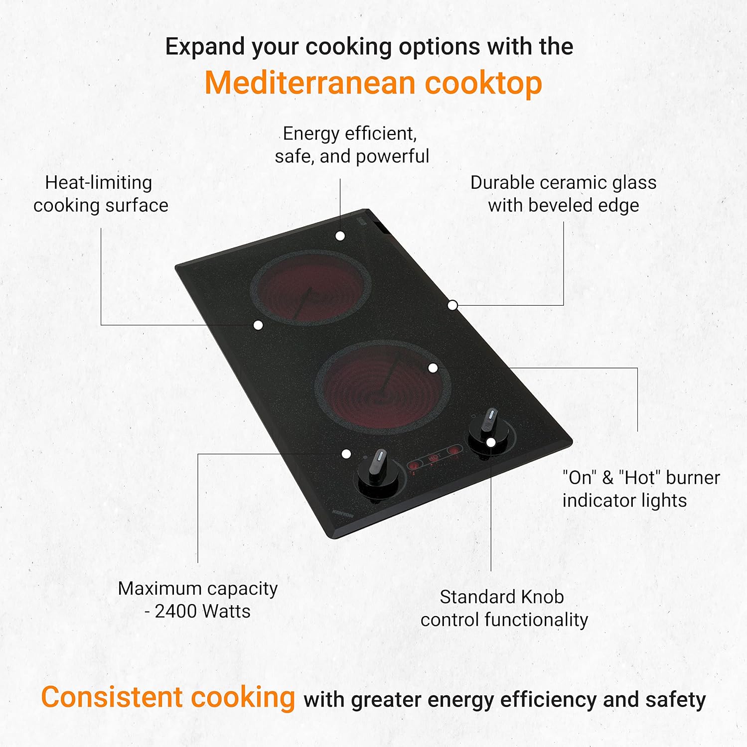 Kenyon Mediterranean 2-Burner Small Cooktop, Electric Cooktop for Energy-Efficient Cooking, Knob Control, Portrait Cooktop, 120-Volt, Black