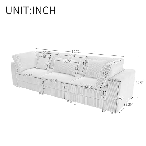 Oversized 3 Seater Sofa Couch, 105'' Modern Upholstered Couch with Removable Back Cushions and 5 Pillows, Comfy Corduroy Fabric Deep Seat Sofa for Living Room, Office, Apartment (Gray)