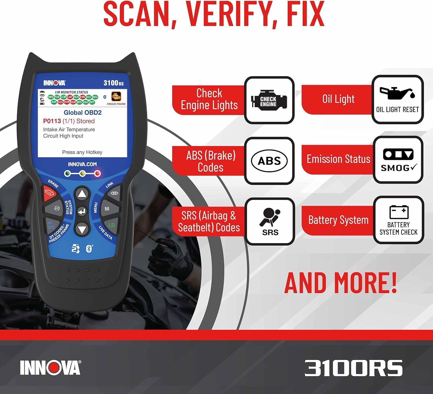 INNOVA 3100RS - Live Data OBD2 Scanner - Read/Erase OBD2 ABS SRS Codes - Reset Oil Light - Fast & Easy to use - Free Updates - Bluetooth w Free RepairSolutions2 App