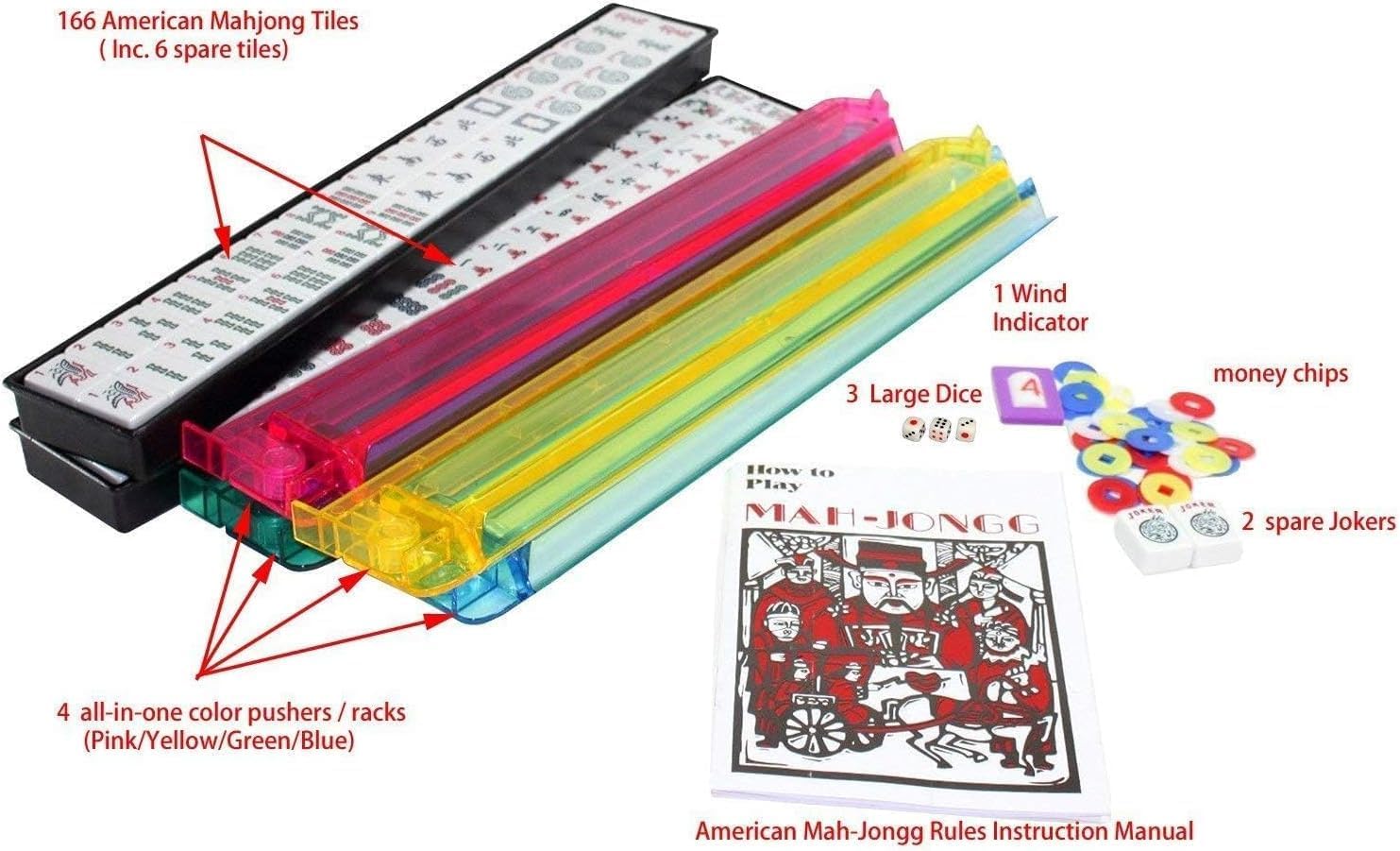 35" Mahjong Game Portable Folding Reversible Wooden Square Large Table + A Complete Set 166 Numbered American Tile Mahjong for Poker/Dominoes/Card/Paigow/Mahjong Game Table with Coin Holders