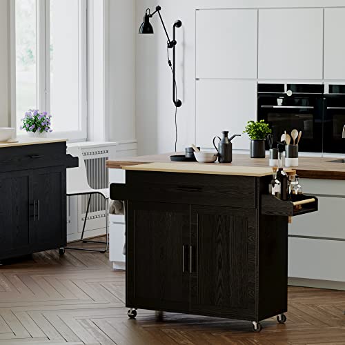 IRONCK Rolling Kitchen Island Table on Wheels with Drop Leaf, Storage Cabinet, Drawer, Spice/Towel Rack, Kitchen Cart, 47.25" Wide Black