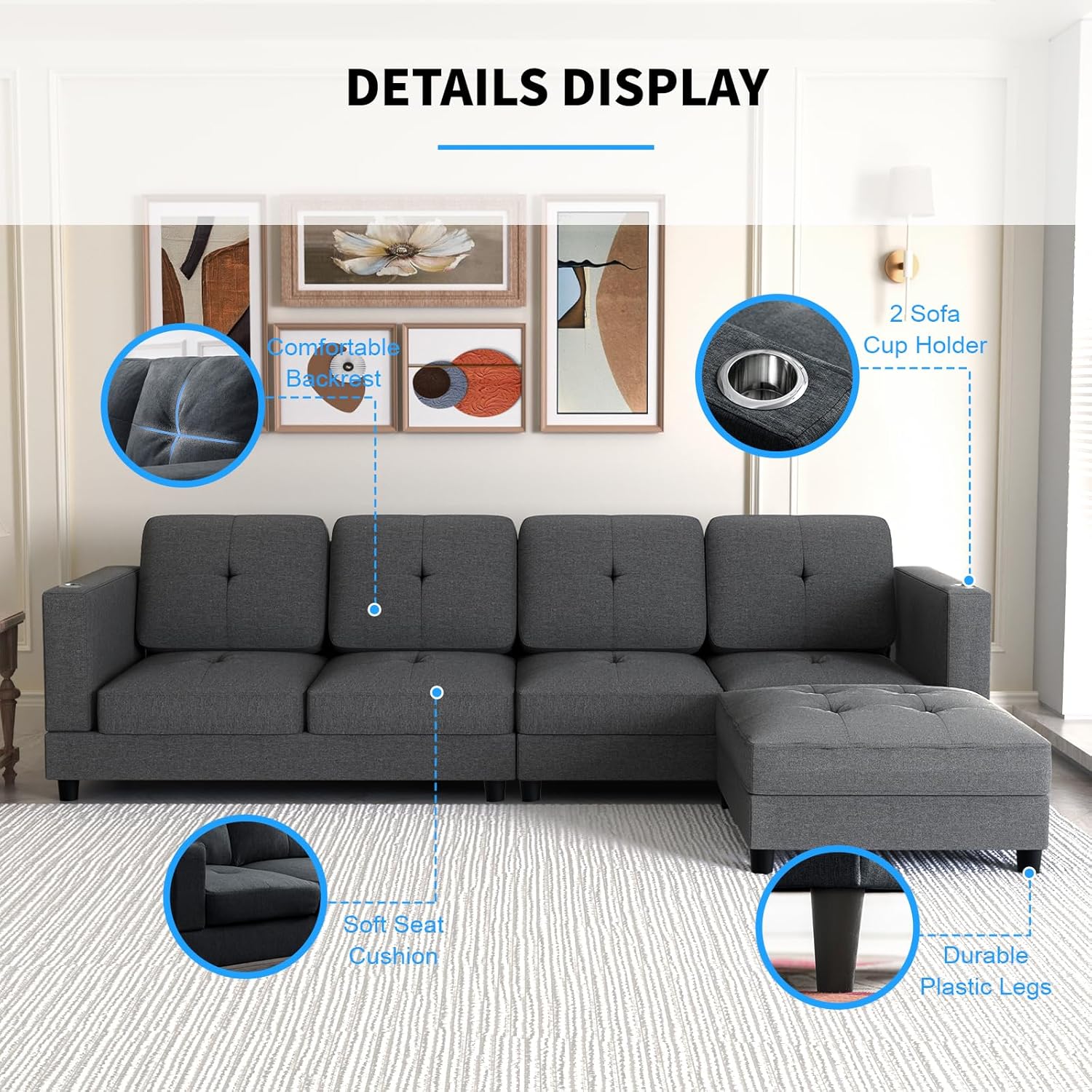 Convertible L Shaped Sofa with Ottoman, Linen Reversible Sectional Sofa with 2 Cup Holders, Modern L-Shape Couch 4 Seat Sectional Couches for Living Room Apartment - Dark Grey