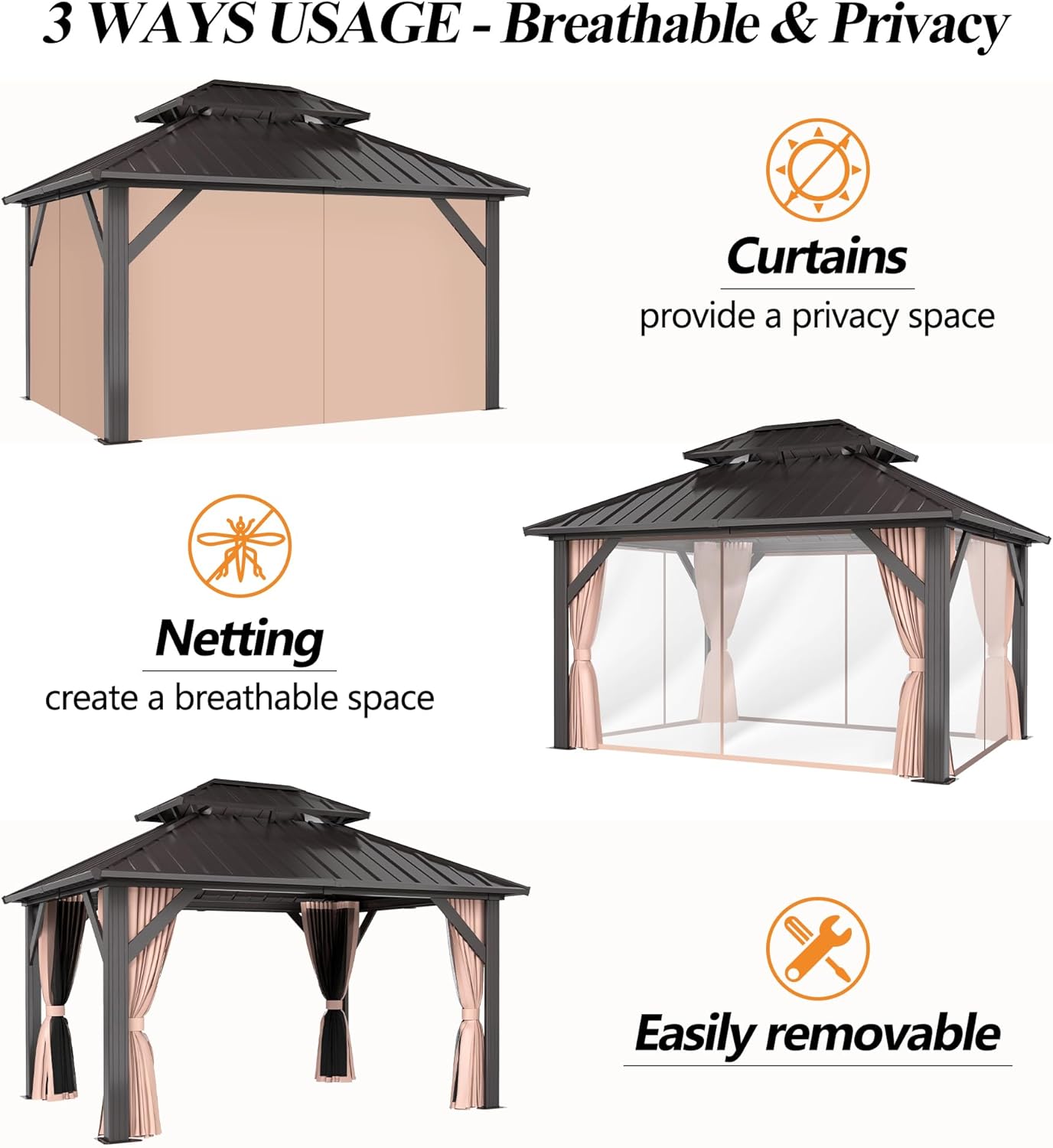 10x12FT Outdoor Hardtop Gazebo with Double Roof - Heavy-Duty Galvanized Steel Top Aluminum Frame Gazebo with Breathable Netting & Privacy Curtain for Patio, Porch, Garden, Lawn, Deck, Backyard