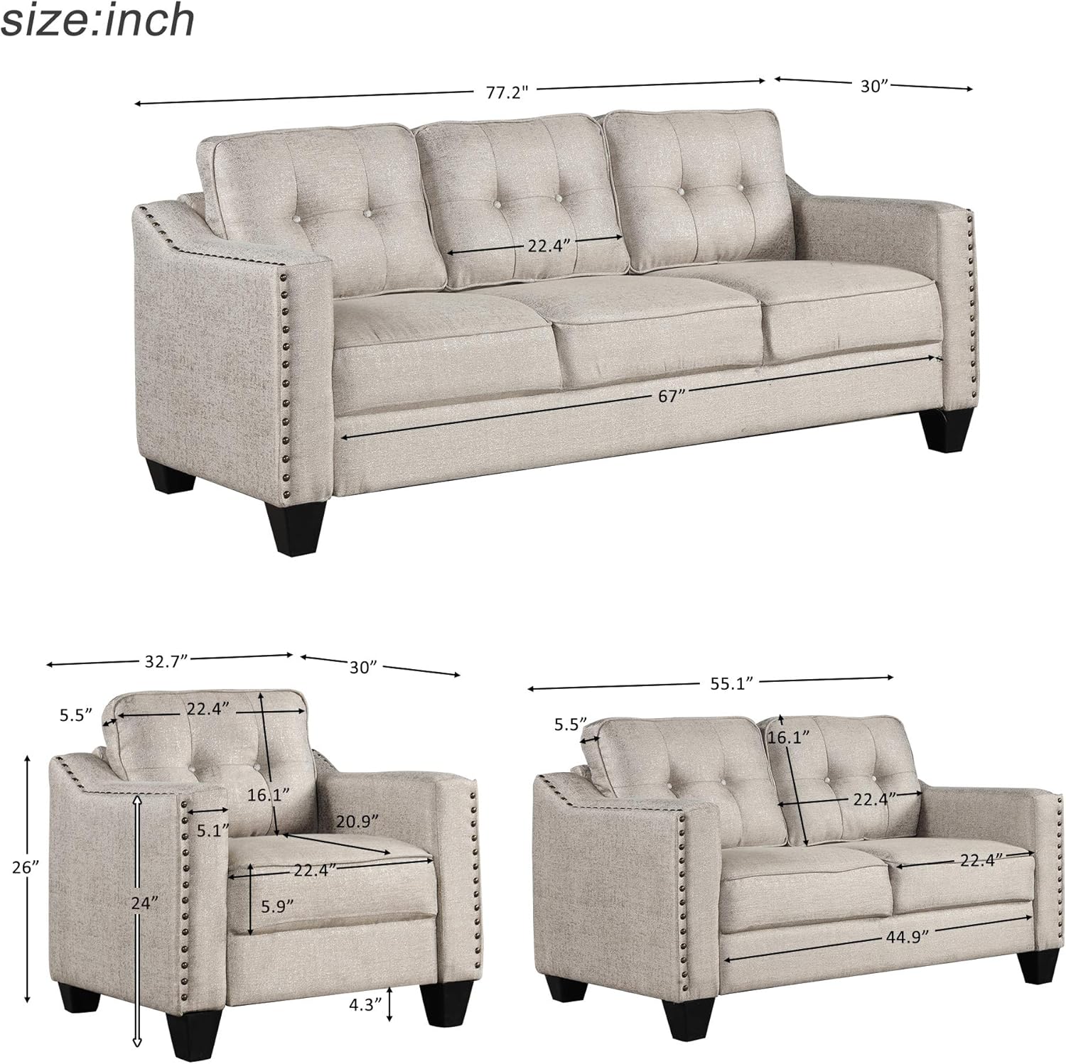 FANYE 3 Pieces Living Room Furniture Sets Include, Loveseat and Armchair, Linen Fabric Upholstered Sectional Classical Rivets Decor and Tufted Back Cushions, Sofa & Couch, 1, Beige 77.2" W