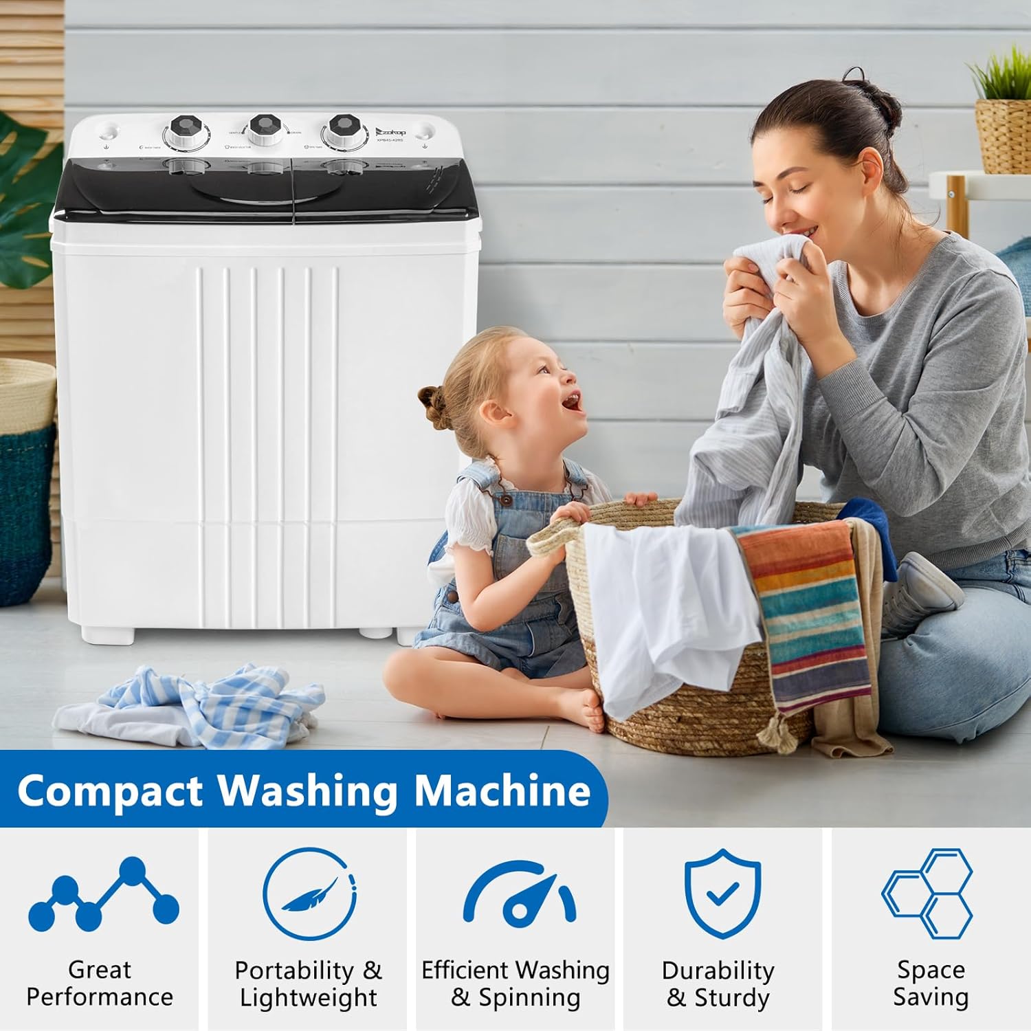 Portable Mini Compact Twin Tub Washing Machine,Washer Spinner Portable Washing Machine, automatic Twin Tube Washing Machine for Apartment, Dorms, RVs, Camping and More, White&Black US Standard
