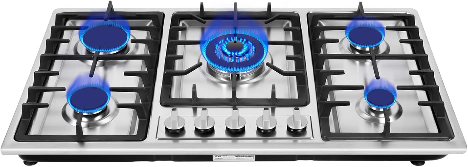 34 Inch Gas Cooktop 5 Burners Stainless Steel Gas Stove Top Built-in Gas Stove Cooktop Tempered Glass Panel LPG/NG Gas Cooktop Cooker Easy to Clean