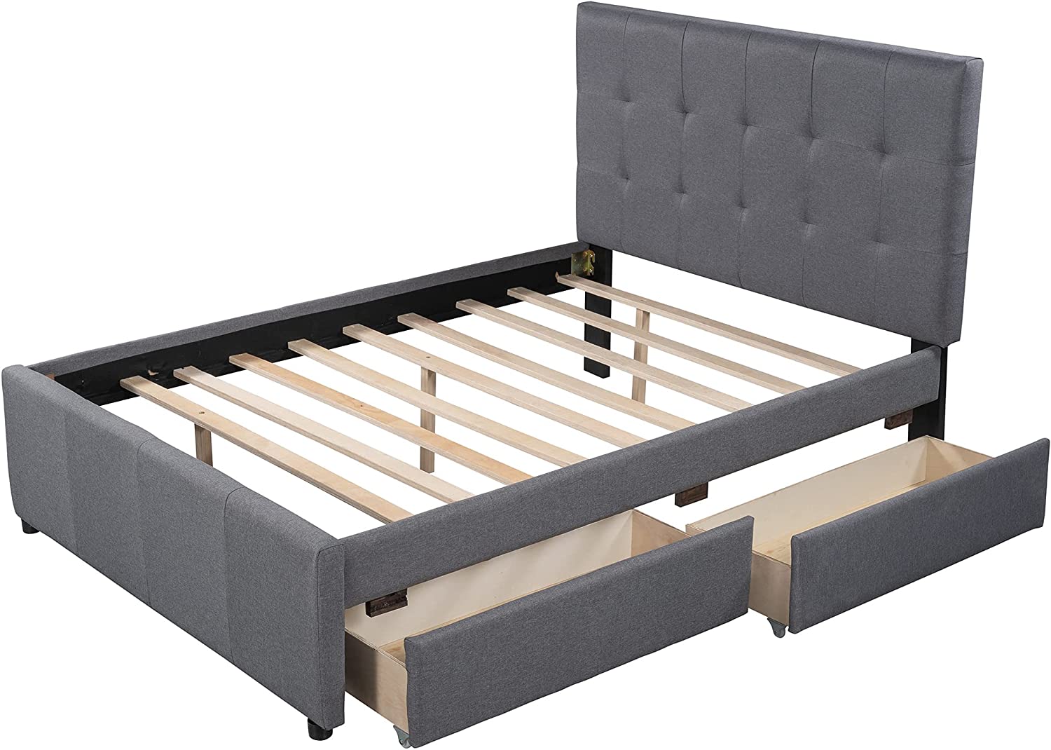 Full Size Bed Frame with Headboard, Linen Upholstered Platform Bed with 2 Drawers, Simple Versatile Bedframe for Adults, Teens & Kids, No Box Spring Needed, Easy Assembly