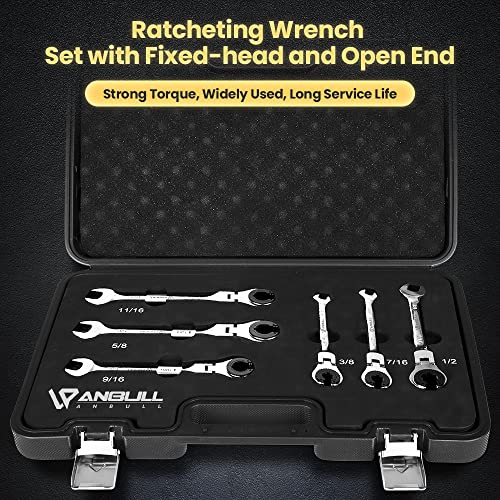 Anbull Ratcheting Wrench Set with Open Flex-head, 12PCS Metric (8-19mm) Combination Spanner with 72 Teeth, 180° Flex-head Tubing Ratchet Wrench Set