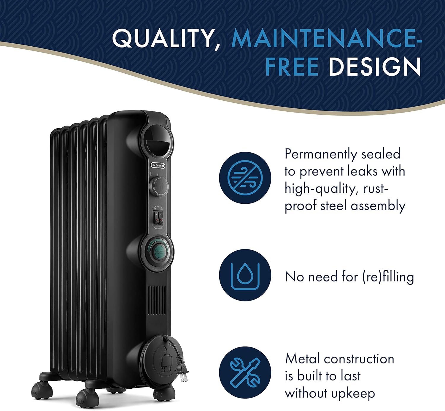 DeLonghi, Quiet 1500W, Adjustable Oil-Filled Radiator Space Heater, 14" w x 6" d x 25" h, Black