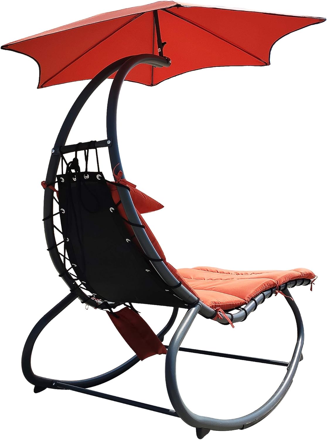 BalanceFrom Hanging Rocking Curved Chaise Lounge Chair Swing with Cushion, Pillow, Canopy, Stand and Storage Pouch, 330-Pound Capacity, Orange