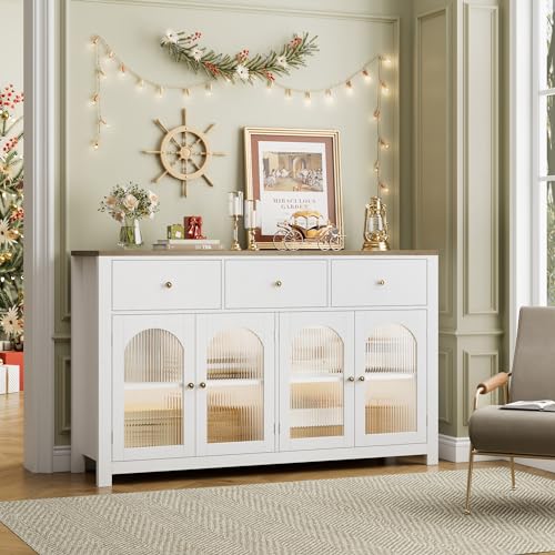 FINETONES Buffet Cabinet with Storage, 55.1" Large Sideboard Buffet Farmhouse Kitchen Cabinet with 3 Drawers and 4 Doors, Wood Coffee Bar for Kitchen, Black
