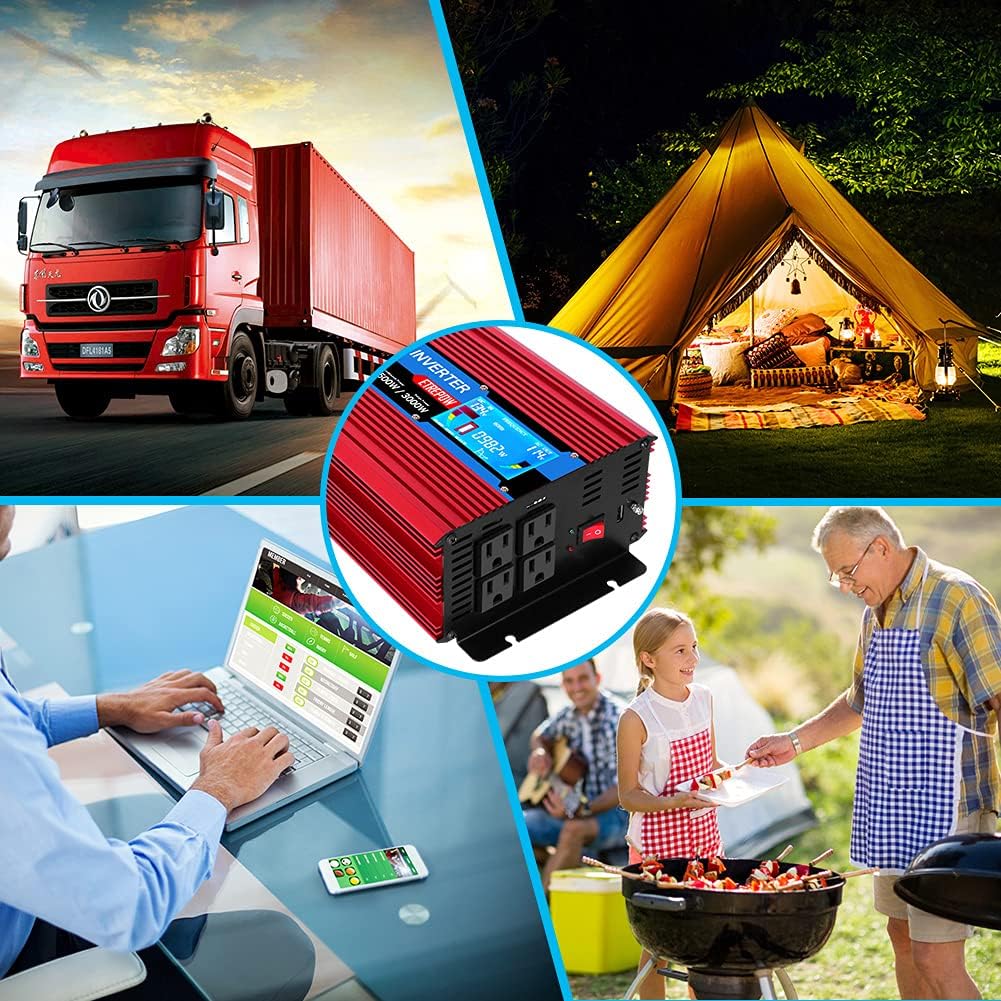 ETREPOW 3000 Watt Pure Sine Wave Inverter 12V to 110V 120V with LCD Display, 4 AC Sockets, 2.1A USB Port, Dual Fans and Wireless Remote Control-Off-Grid Inverter for RV, Automotive 6000W Peak
