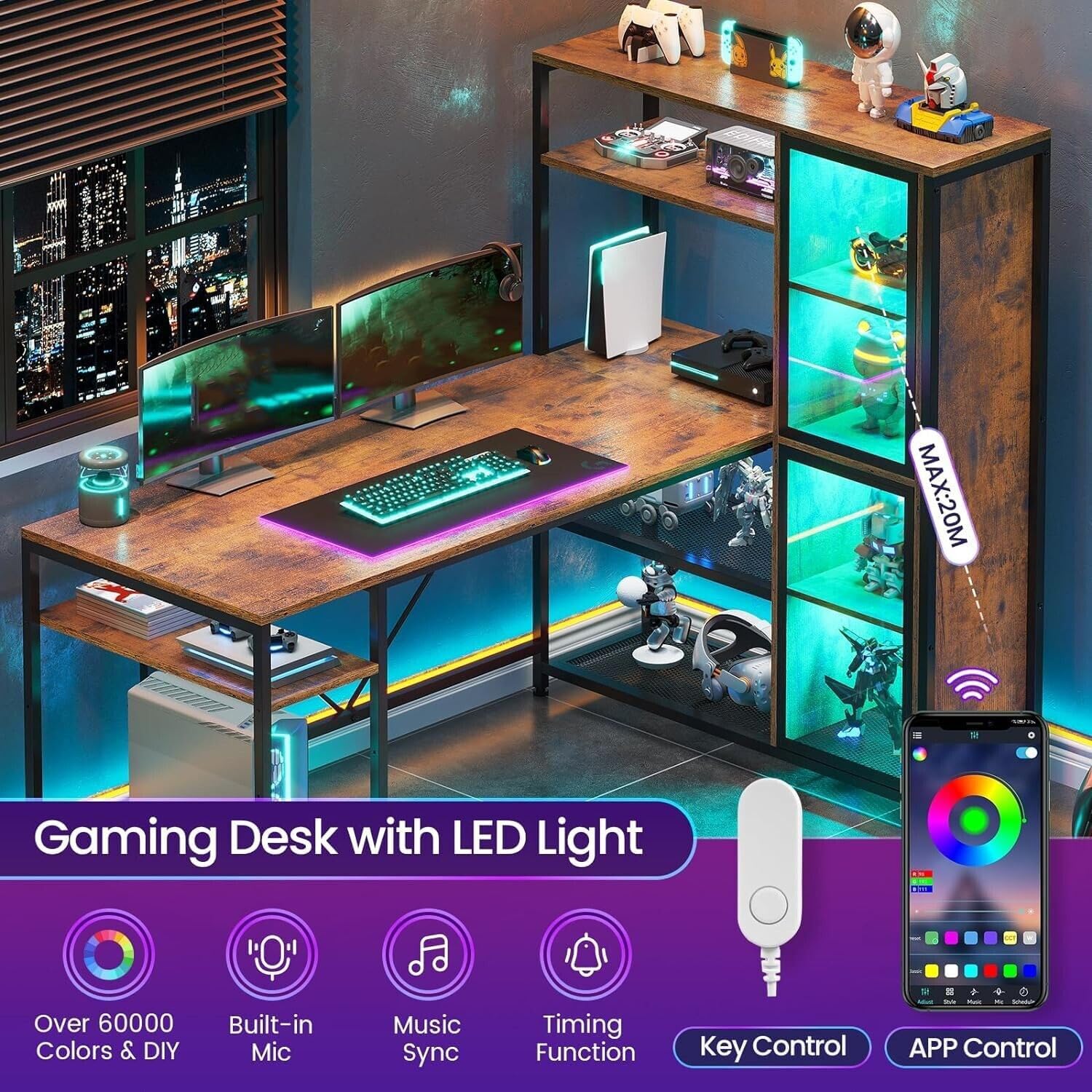 New Modern Rustic Brown L Shaped Desk Gaming Computer LED Light Bookshelf Corner Desk Storage Shelves Wood Display Cabinet Study Home Office 59”L x 31.5”W x 50.7”H of Set
