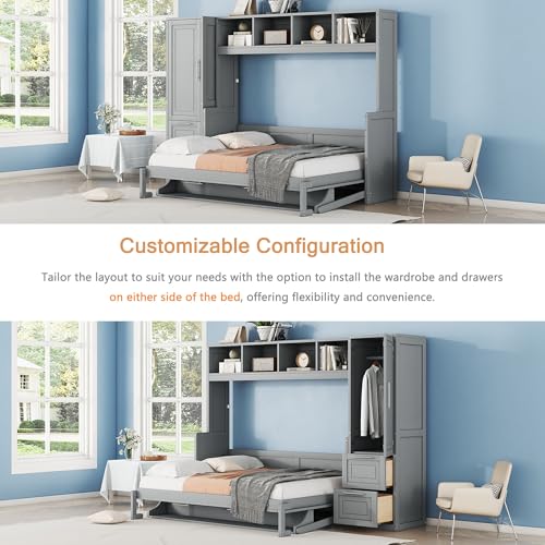 Linique Full Size Murphy Cabinet Storage Wall Bed with Closet and Drawers and Built-in Top Shelf,Hide a Bed on a Wardrobe Space Saving Design,Gray