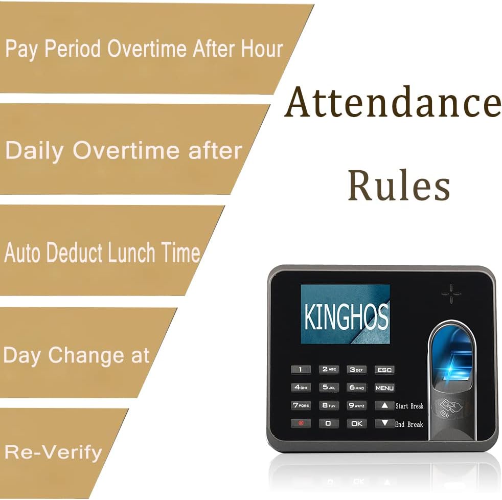 KINGHOS Employee Time Clock with Free Software, Auto Calculate Overtime and Work Hour/Deduct Lunch Time Fingerprint Time Attendance for Employees Small Business NO Monthly Fee