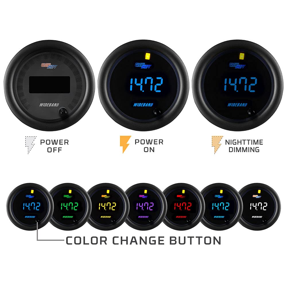 GlowShift Black 7 Color Digital Wideband Air / Fuel Ratio AFR Gauge Kit - Includes Oxygen Sensor, Data Logging Output & Weld-in Bung - Multi-Color LED Display - Clear Lens - 2-1/16" 52mm