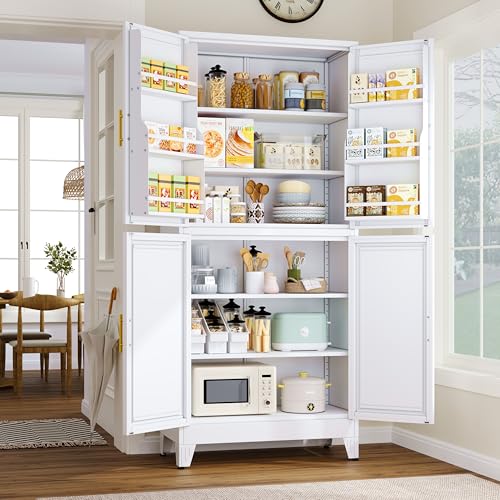 75.2" Tall Metal Pantry Cabinet, Storage Cabinets with 4 Door and 4 Adjustable Shelves, Black Kitchen Pantry Storage Cabinet, Freestanding Cupboard for Kitchen Dining Room Living Room Bathroom