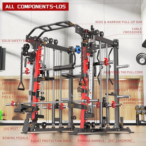 L05/07 Smith Machine，Multi-Function Squat Rack Power Cage with Cable Crossover System,with Weight Bench, Olympic Barbell Weight Set, for Home Gym
