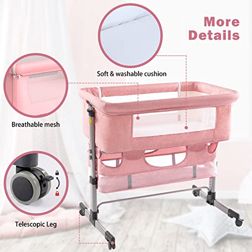 Ihoming Baby Bassinet Bedside Sleeper, Baby Bed Side Crib with Storage Basket, Easy Folding Bassinets, Adjustable Baby Bed for Infant Newborn, Pink