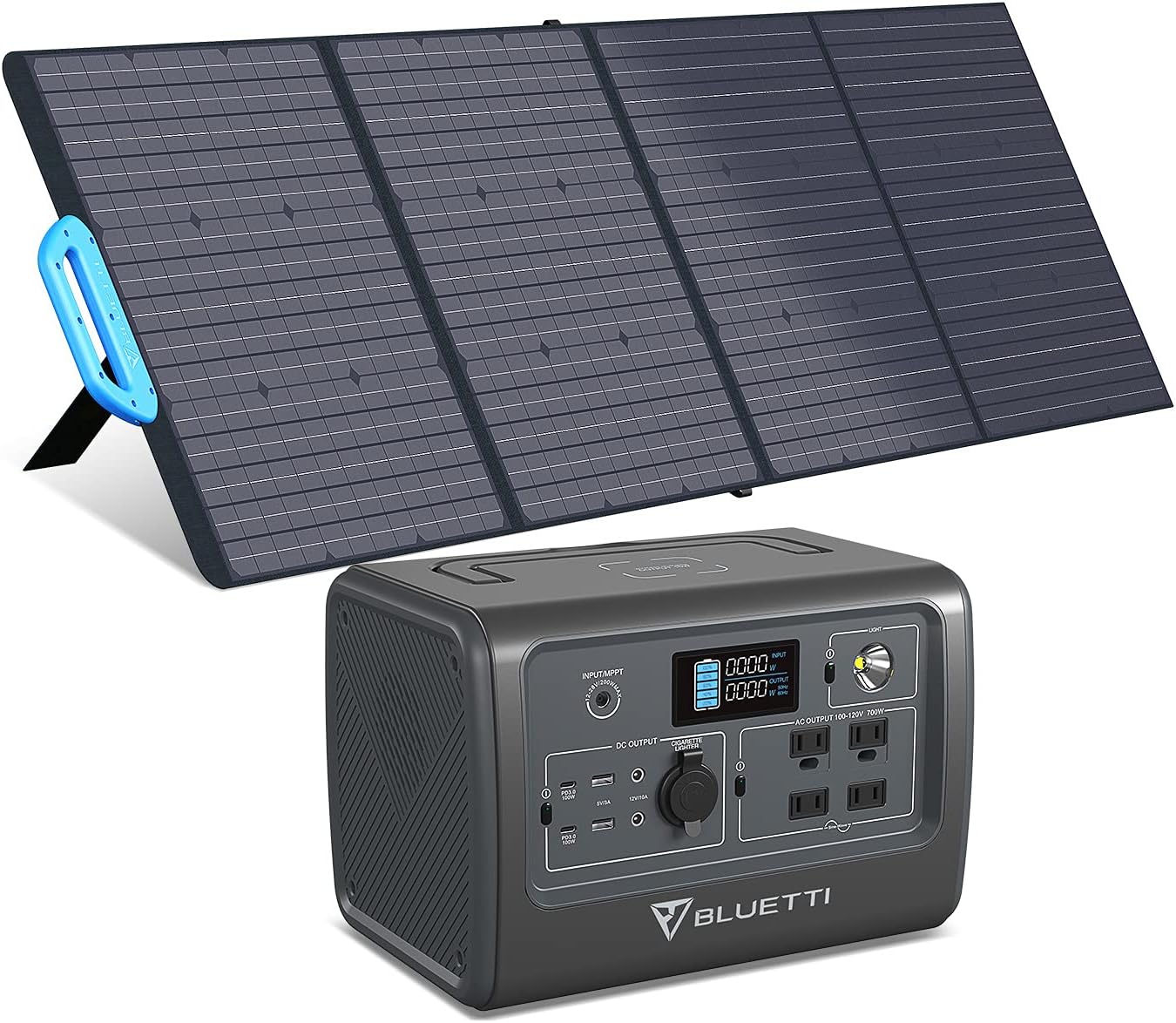 BLUETTI EB70S 716Wh/800W Portable Power Station with PV120 120W Foldable Solar Panel Included, LiFePO4 Battery Pack w/ 4 AC Outlets, Solar Generator for Outdoor Camping Home Vanlife Off Grid Emergency