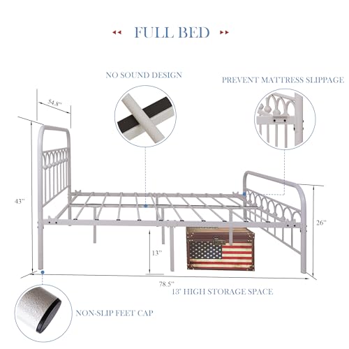 YALAXON Vintage Sturdy Queen Size Metal Bed Frame with Headboard and Footboard Basic Bed Frame No Box Spring Needed (Queen,White)
