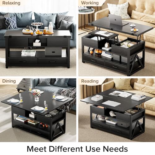 40" Lift Top Coffee Table,4 in 1 Multi-Function Lift Coffee Tables with Storage Drawers and Hidden Compartmen,Farmhouse Coffee Table with Lifting top for Living Room,Black