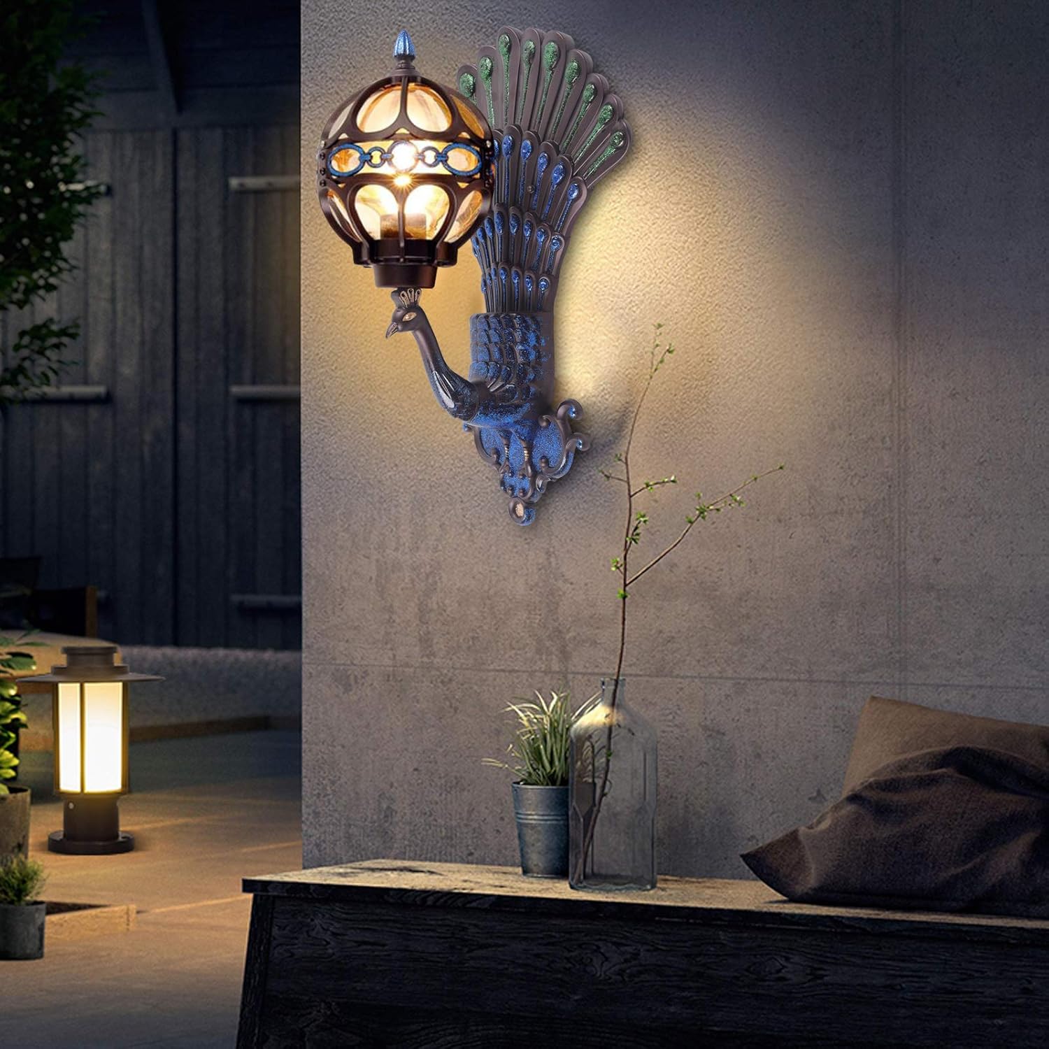 Peacock Wall Light Sconces, Metal and Glass Stained Wall Lamp Lighting LED Antique Wall Mounted Lamp,Peacock Shades Bedroom Bedside Wall Sconces Fixture,E27