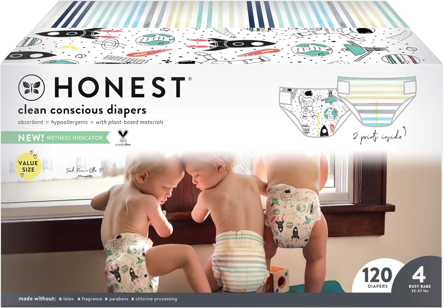 The Honest Company - Super Club Box, Clean Conscious Diapers, Space Travel + Classic Stripes, Size 4, 120 Count (Packaging May Vary) Pack of 2