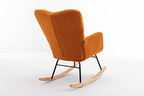 Rocking Chair, Wool Upholstered Glider Rocker with High Backrest, Padded Seat and Curved Legs for Living Room Bedroom Offices, Ergonomic Tufted Armchair Mid Century Style, Ivory White