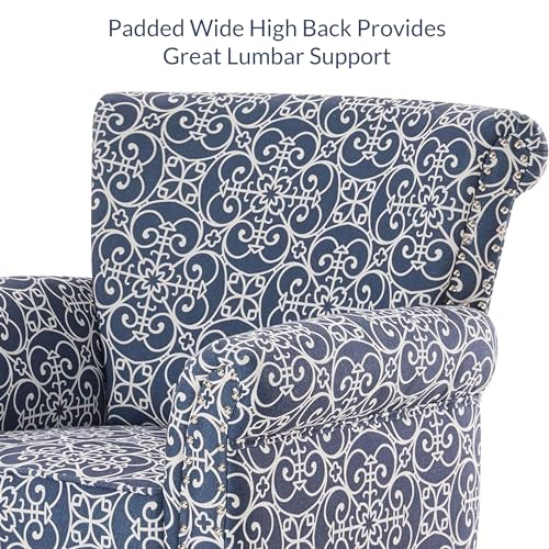 BELLEZE Upholstered Wingback Accent Chair, Fabric Armchair Club Chair, Nailhead Trim High Back Patterned Corner Chair for Living Room Bedroom - Rosette (Navy Blue/White)