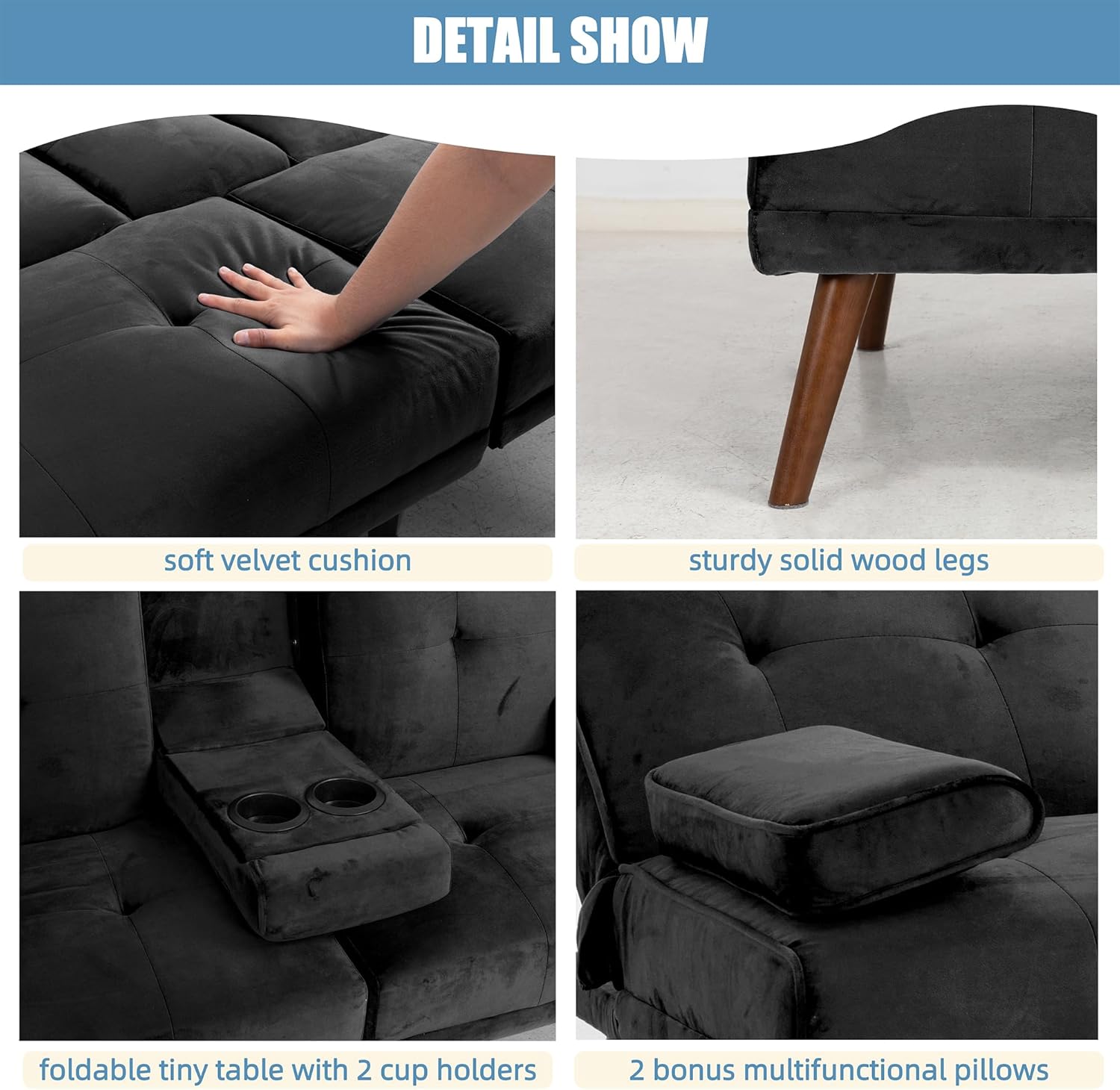 Shintenchi 60" Small Loveseat, 3 in 1 Cute Convertible Sofa Bed, Modern Futon Recliner Sleeper w/2 Cup Holder, Upholstered Folding Couch for Small Space, Black