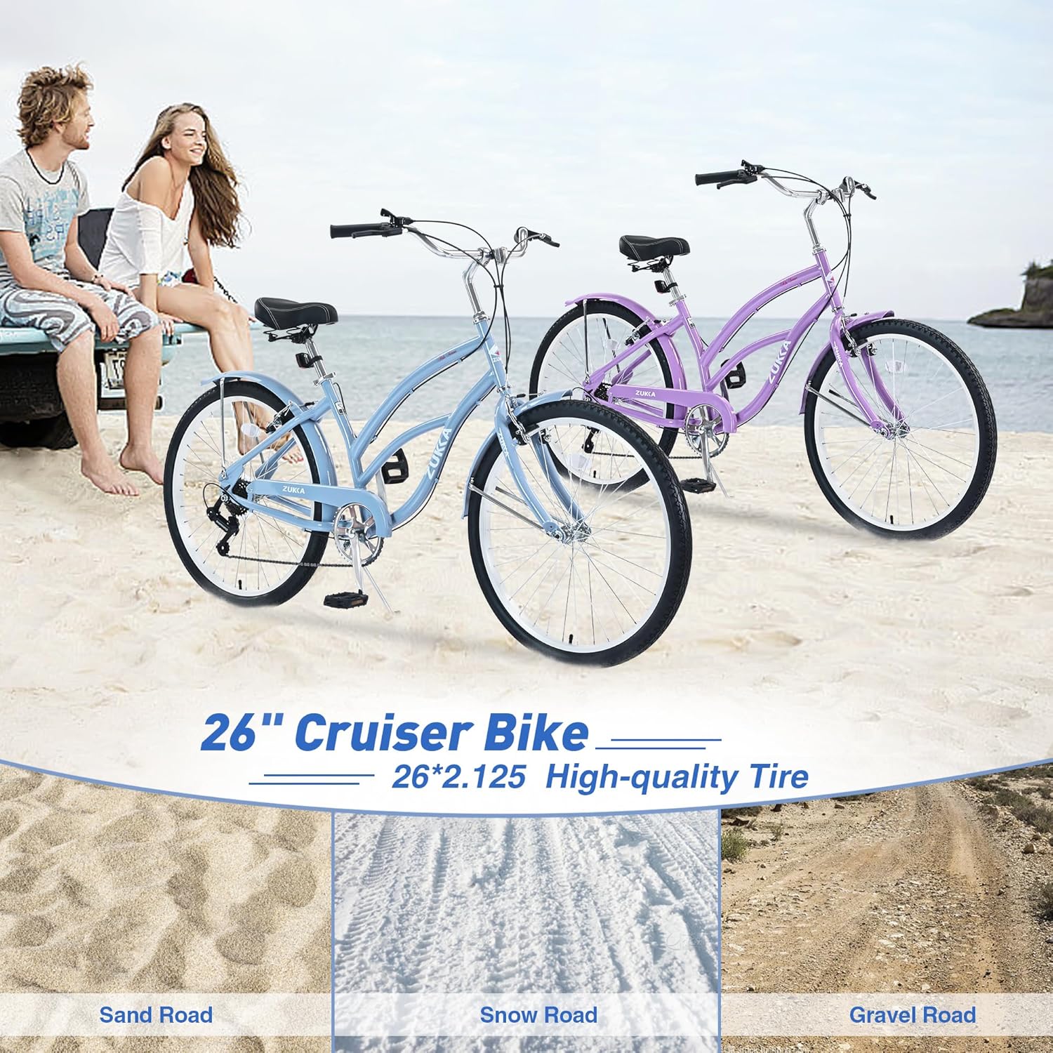 26 Inch Beach Cruiser Bike Beach Bike 7 Speeds Steel Frame Bicycle for Adult Women Femal Lady,Multiple Colors