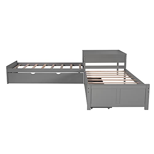 Harper & Bright Designs L-Shaped Corner Platform Beds with Trundle, Wood Double Twin Size Beds with 2 Drawers, Built-in Table for Family Kids Teens Bedroom Furniture (Grey)