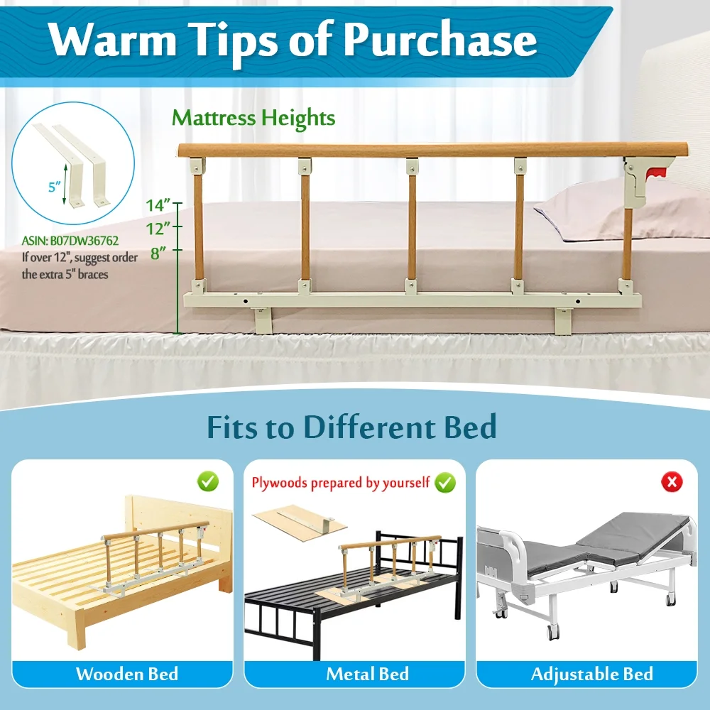 Bed Rails for Elderly Adults Seniors Assist Bar Bed Railing Cane Side Rail Guard Fall Prevention Handle Fold Down Hand Safety Rails (47×18 INCH)