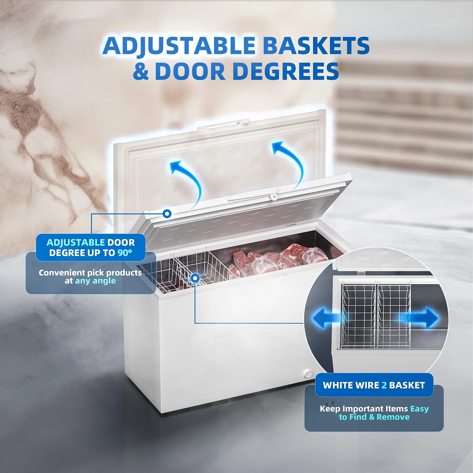 Hoccot Chest Freezer 20 Cu.Ft. 2 Removable Baskets Deep Small Compact Freezer Top Door 7 Temperature Control from -13℉-14℉ Energy Saving White
