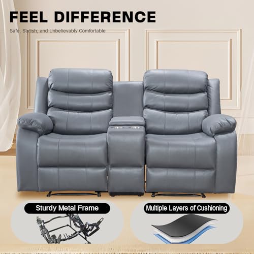 Air Leather Recliner Sofa, Manual Double Recliner with Cup Holder and Storage Space, Living Room/Bedroom/Meeting Room Double Recliner Sofa,Grey