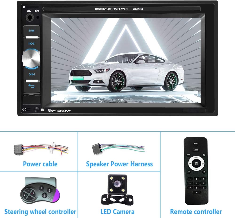 Double Din Touch Screen Car Stereo with Bluetooth and Backup Camera, Rimoody 7 inch Car Radio with FM Radio Mirror Link AUX USB SD Port Car Audio Receiver Steering Wheel Control