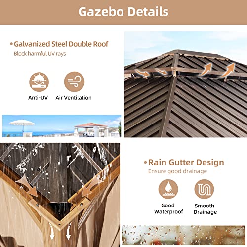 MELLCOM 12'x16' Hardtop Gazebo, Galvanized Steel Metal Double Roof Canopy with Curtains and Netting, Brown Permanent Pavilion Gazebos with Aluminum Frame for Garden, Patio, Lawns, Deck
