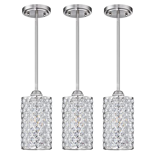 3 Pack 1 Light Hanging Kitchen Island Crystal Pendant Lighting Modern Concise Pendant Light Fixture Brushed Nickel Finish with Crystal Plate Metal Shade for Bar, Dining Room, Corridor,Living Room