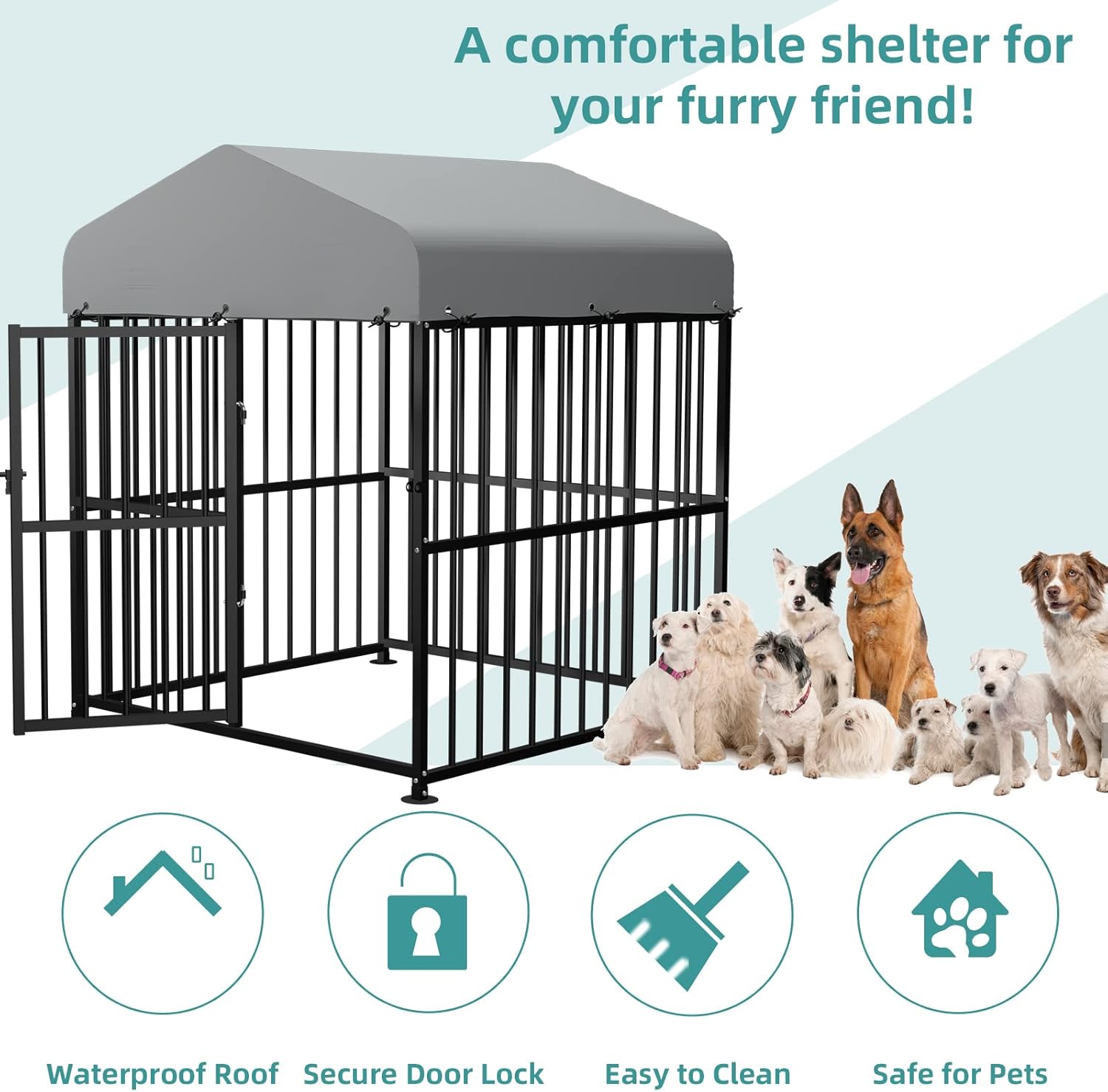 MEETWARM Large Outdoor Dog Kennel, Metal Heavy Duty Outdoor Indoor Pet Playpen, Anti-Rust Dog Pens Outdoor Dog Fence with Anti-UV & Waterproof Top Cover and Secure Lock for Backyard, 4'L x 4'W x 5'H