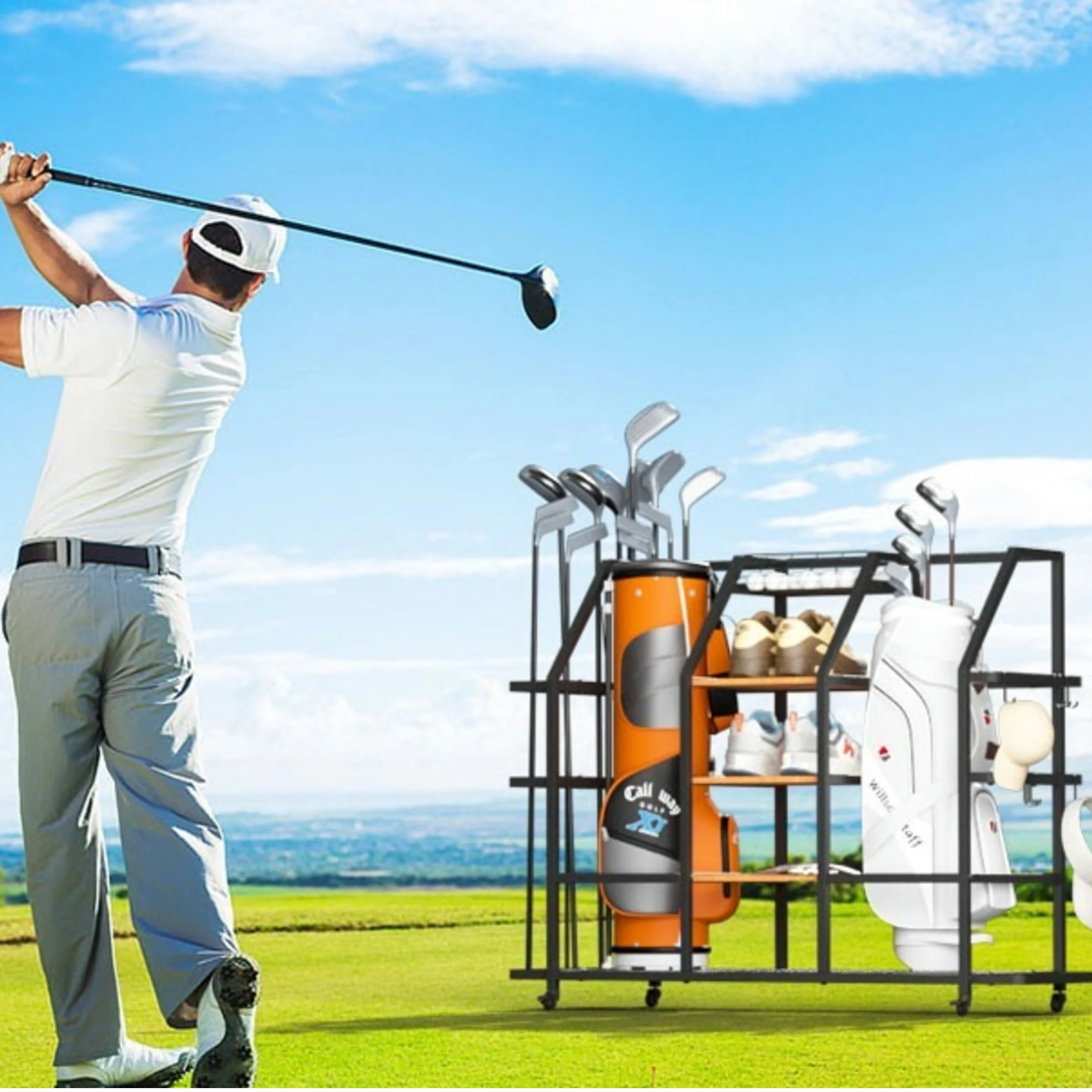 Uyoyous Extra Large Golf Bag Storage Rack, Golf Storage Organizer w/ Locking Wheels for Garage, Club and Basement