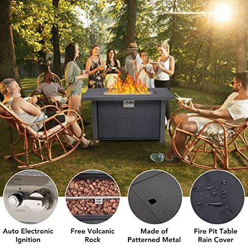 44 Inch Propane Fire Pit Table, 50000BTU Rectangle Fire Table with Cover & Rain Cover, Sturdy Steel and Iron Fence Surface, CSA Safety Certified, Companion for Your Garden