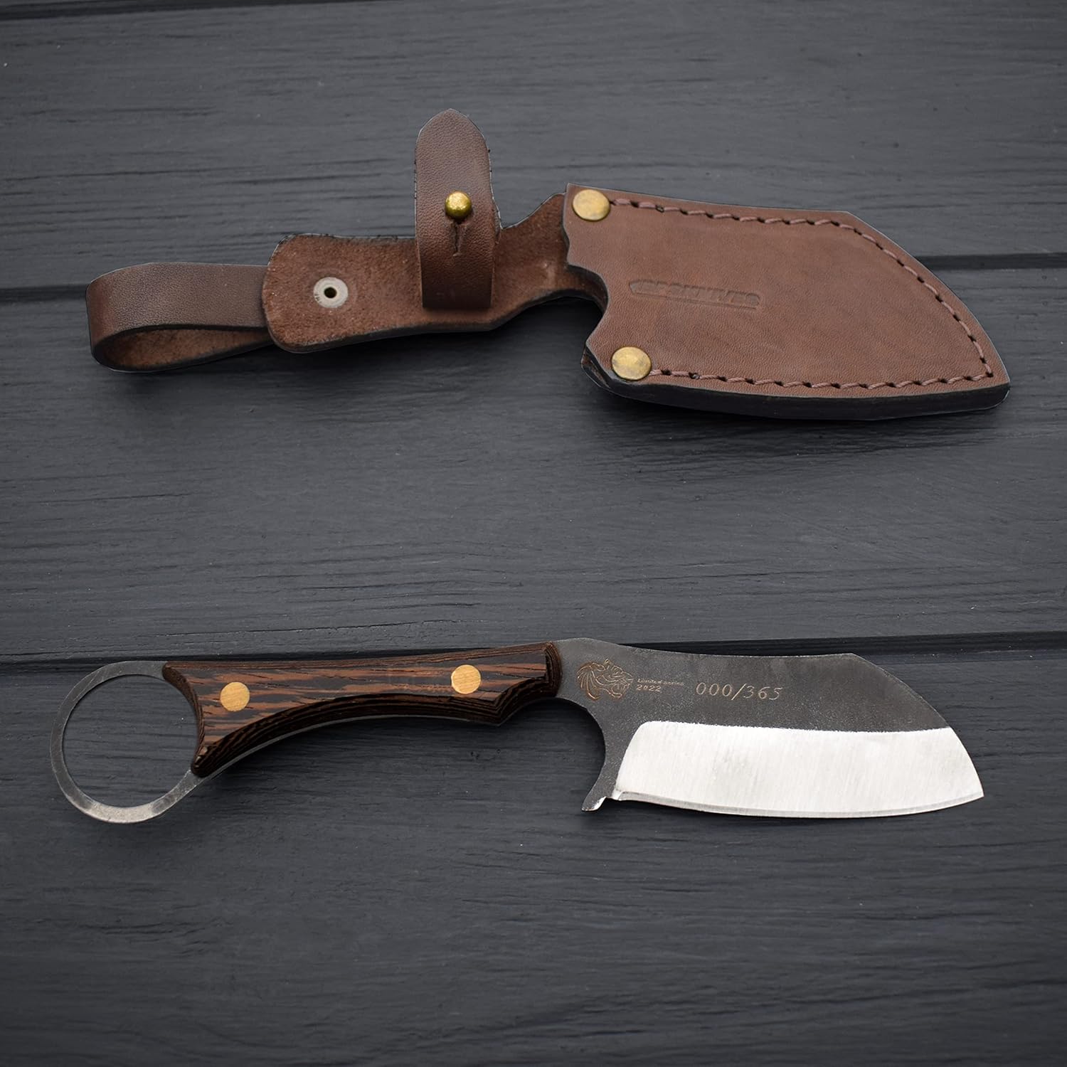 BPS Knives Tiger - Limiter series - only 365 pcs - Fixed blade knife made of Stainless Steel with Wenge Wood Handle and Leather Sheath - Camping EDC Full Tang Knife with Leather Case