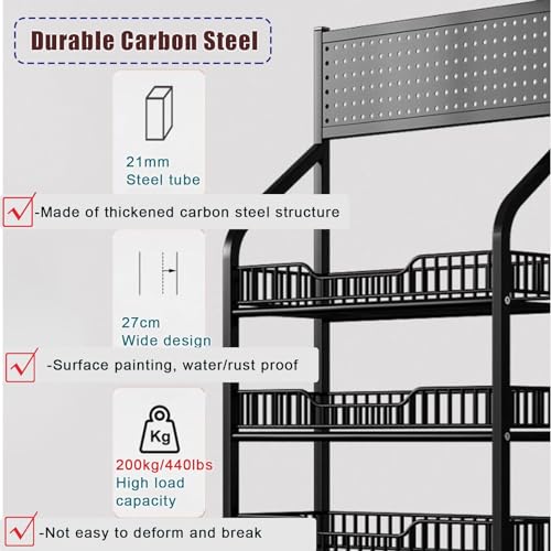 Supermarket Display Shelf 4 Layer Snack Shelf Organizer, Rolling Fruit Vegetable Display Rack for Supermarket with Wheels and Hooks, for Kitchen Retail Grocery Stores and Farmers Markets, White Black